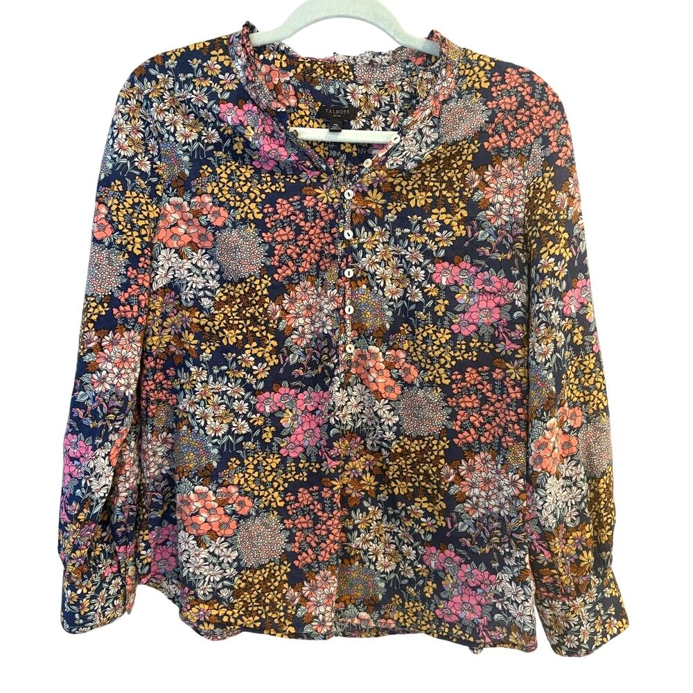 Talbots Floral Ruffle Neck Blouse Top Boho Chiffon Long Sleeve Popover Petite M
